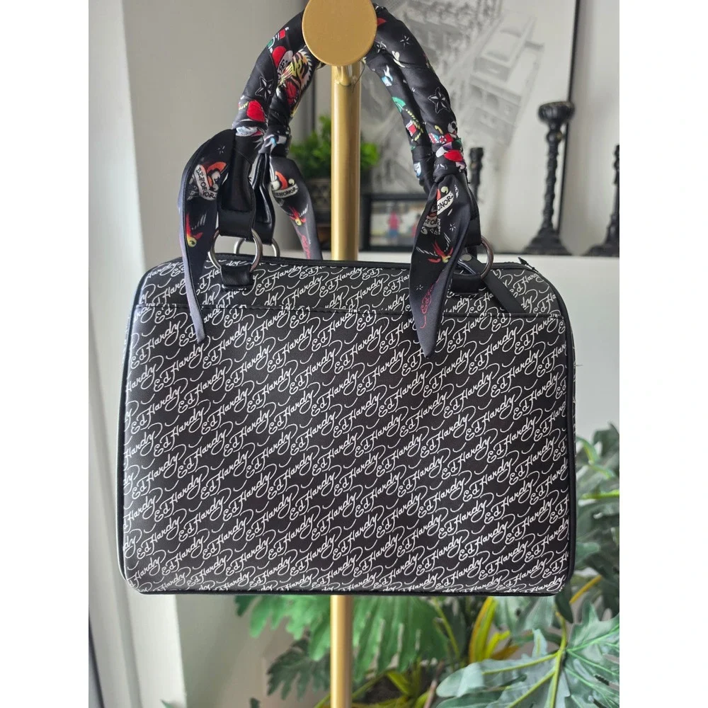 Ed Hardy Love Rhinestone Heart Satchel Bag Black White Tattoo Print Scarf Handle